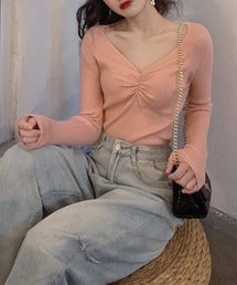 【Jasmine】Vネックギャザーニットトップス