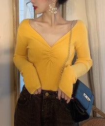 【Jasmine】Vネックギャザーニットトップス