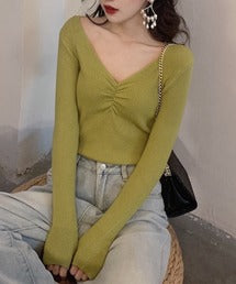 【Jasmine】Vネックギャザーニットトップス