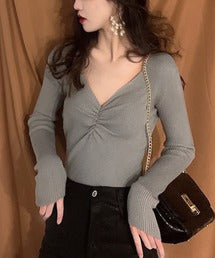 【Jasmine】Vネックギャザーニットトップス