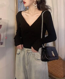 【Jasmine】Vネックギャザーニットトップス
