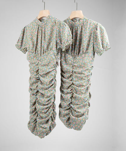 【Jasmine】スタンドカラー半袖パワショル花柄半袖ワンピース