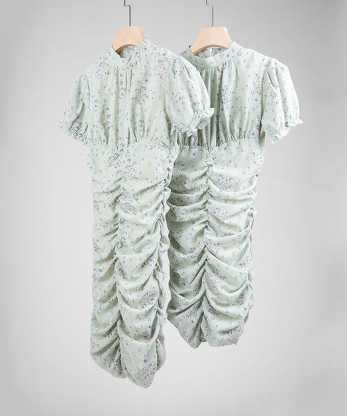 【Jasmine】スタンドカラー半袖パワショル花柄半袖ワンピース