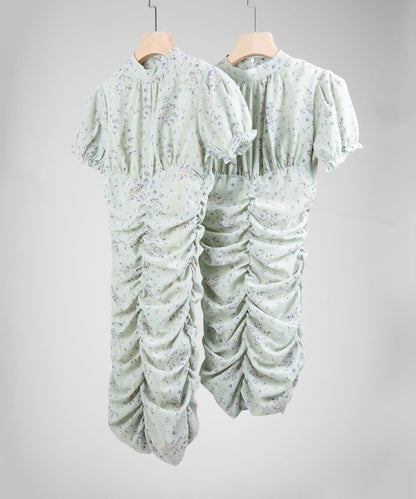 【Jasmine】スタンドカラー半袖パワショル花柄半袖ワンピース