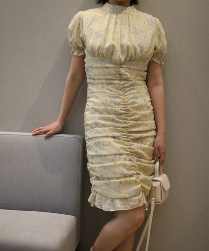 【Jasmine】スタンドカラー半袖パワショル花柄半袖ワンピース