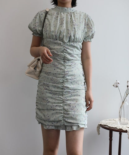 【Jasmine】スタンドカラー半袖パワショル花柄半袖ワンピース