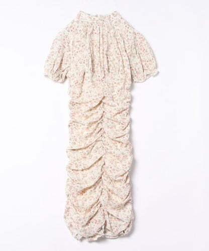 【Jasmine】スタンドカラー半袖パワショル花柄半袖ワンピース