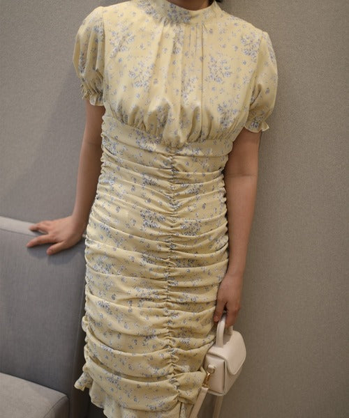 【Jasmine】スタンドカラー半袖パワショル花柄半袖ワンピース