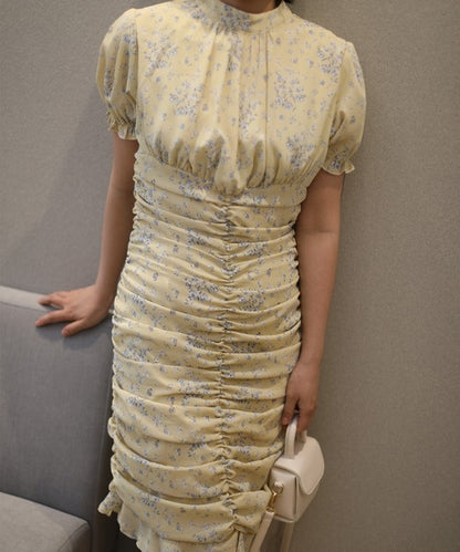 【Jasmine】スタンドカラー半袖パワショル花柄半袖ワンピース