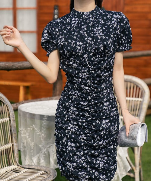 【Jasmine】スタンドカラー半袖パワショル花柄半袖ワンピース