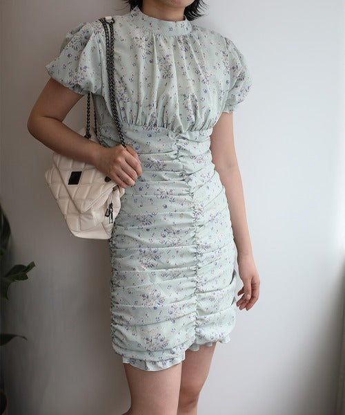 【Jasmine】スタンドカラー半袖パワショル花柄半袖ワンピース