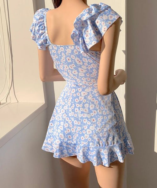 Jasmine & Rose 半袖ミニワンピース 水色 セール】シャーリング半袖ミニワンピース（ワンピース