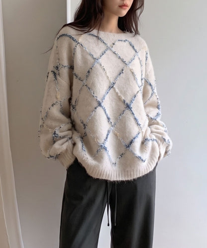 aimoha/配色ダイヤ柄シャギーニット