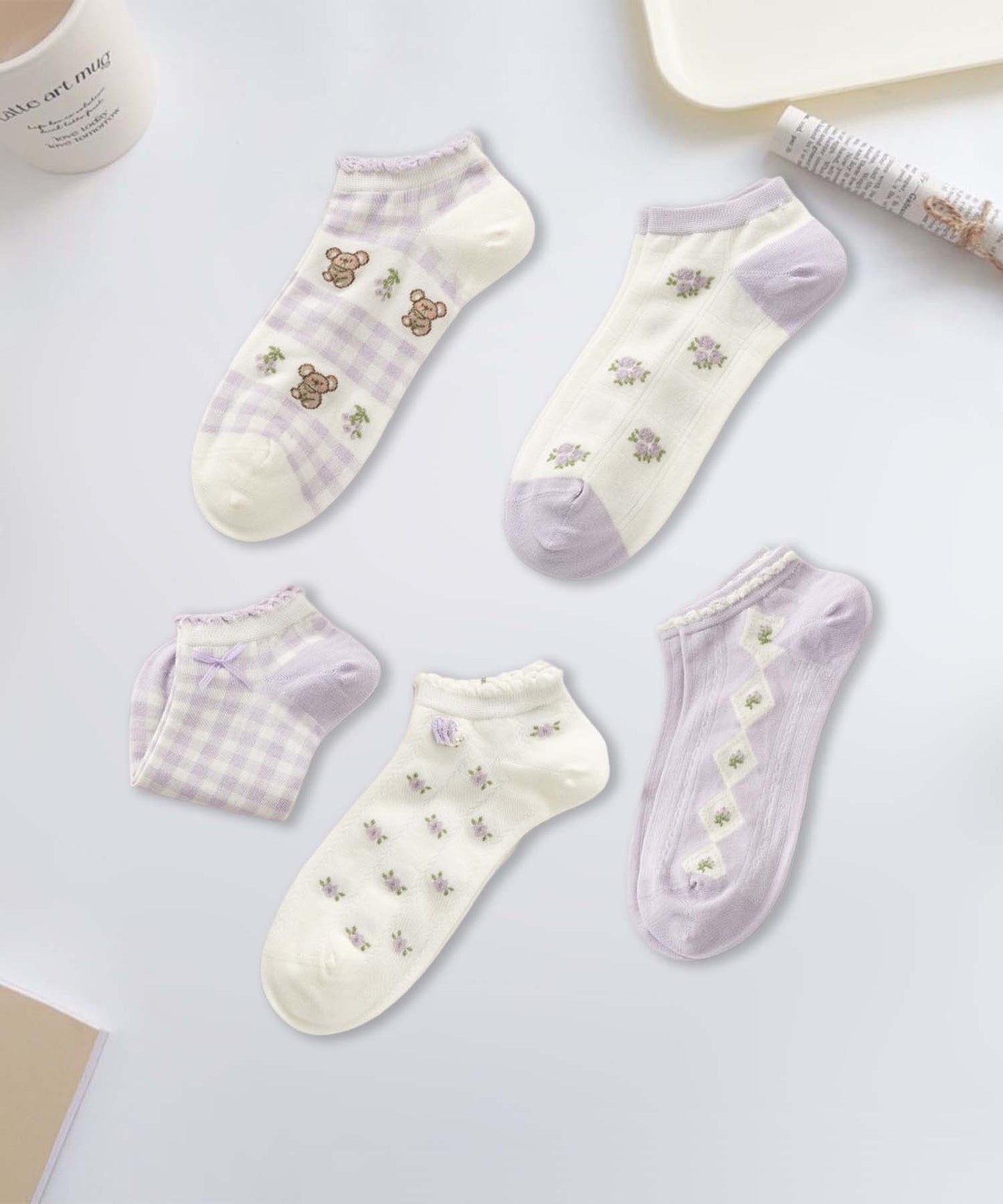 【MOSOX】ガーリーデザインレーヨン混アンクルソックス 5足セット (SS)