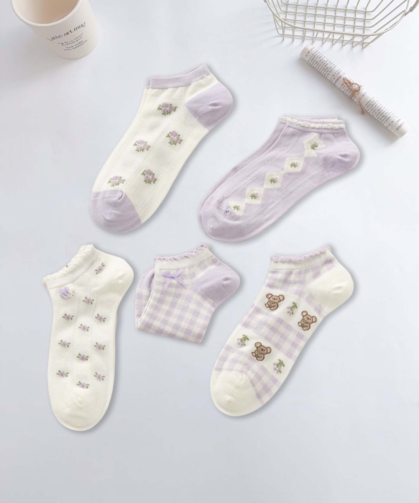 【MOSOX】ガーリーデザインレーヨン混アンクルソックス 5足セット (SS)