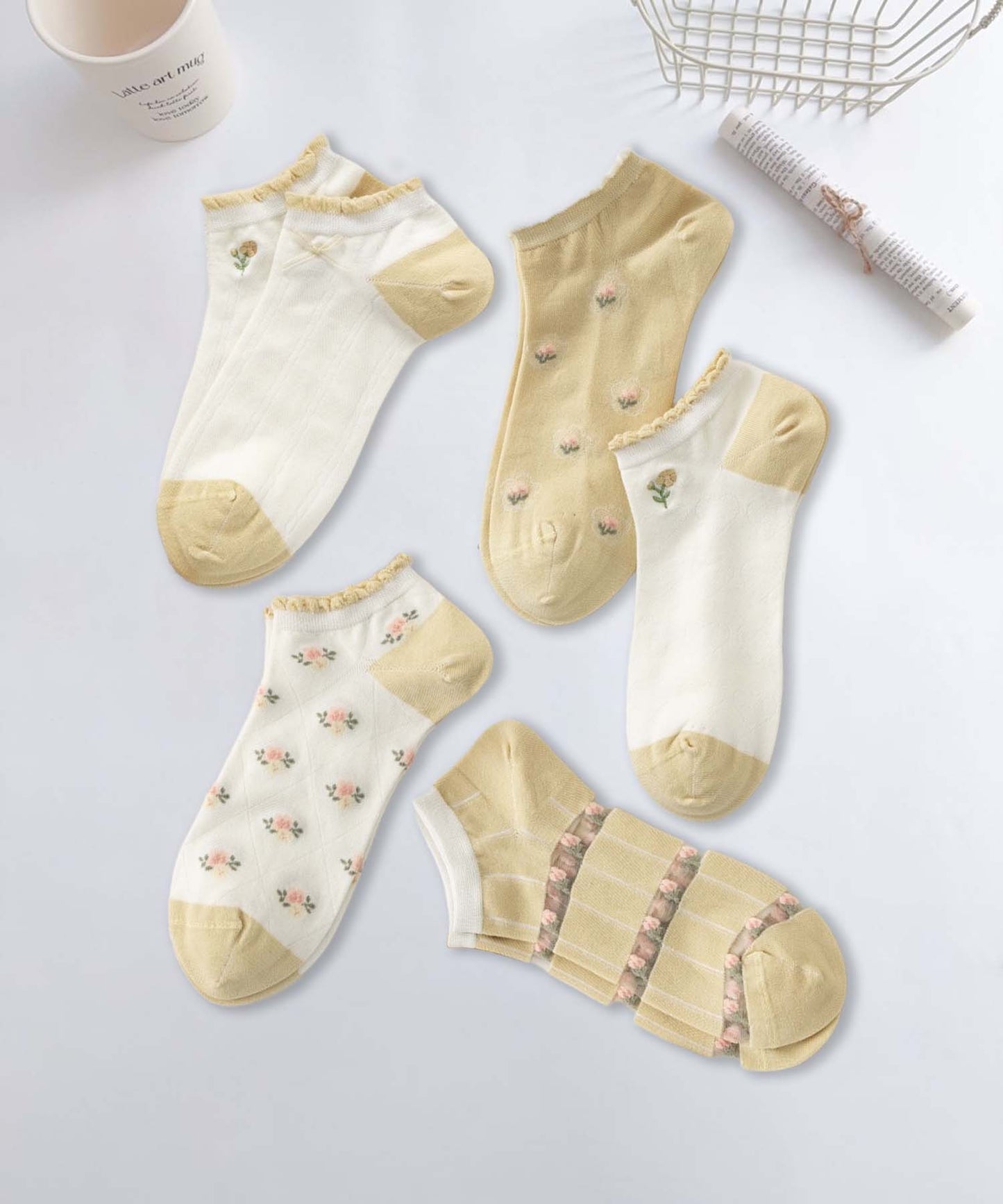 【MOSOX】ガーリーデザインレーヨン混アンクルソックス 5足セット (SS)