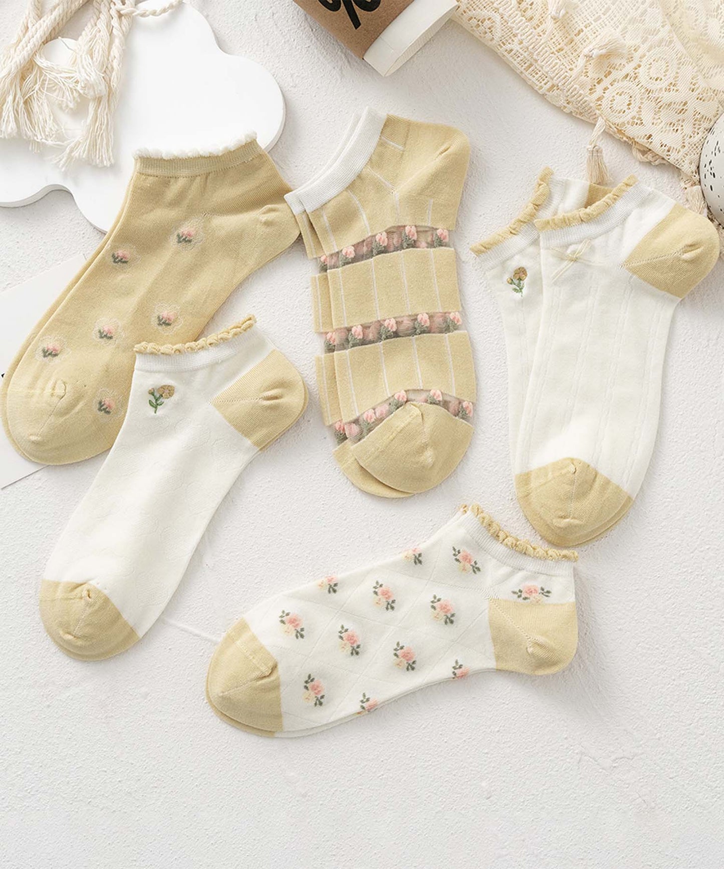 【MOSOX】ガーリーデザインレーヨン混アンクルソックス 5足セット (SS)
