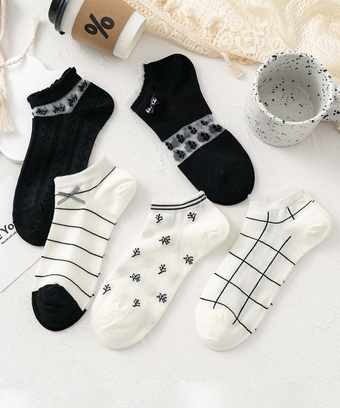 【MOSOX】ガーリーデザインレーヨン混アンクルソックス 5足セット (SS)