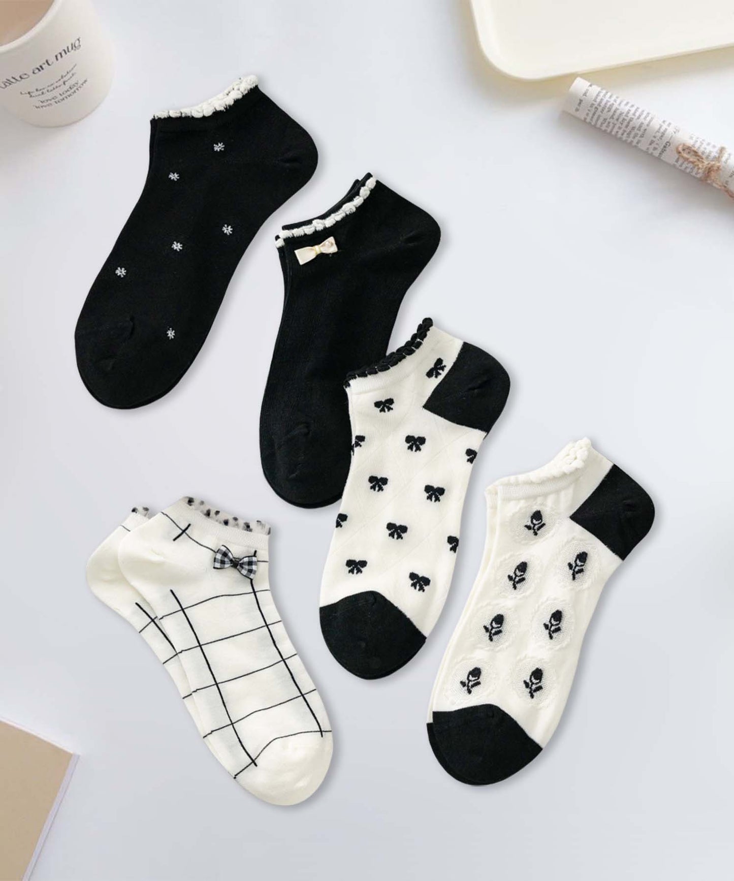 【MOSOX】ガーリーデザインレーヨン混アンクルソックス 5足セット (SS)