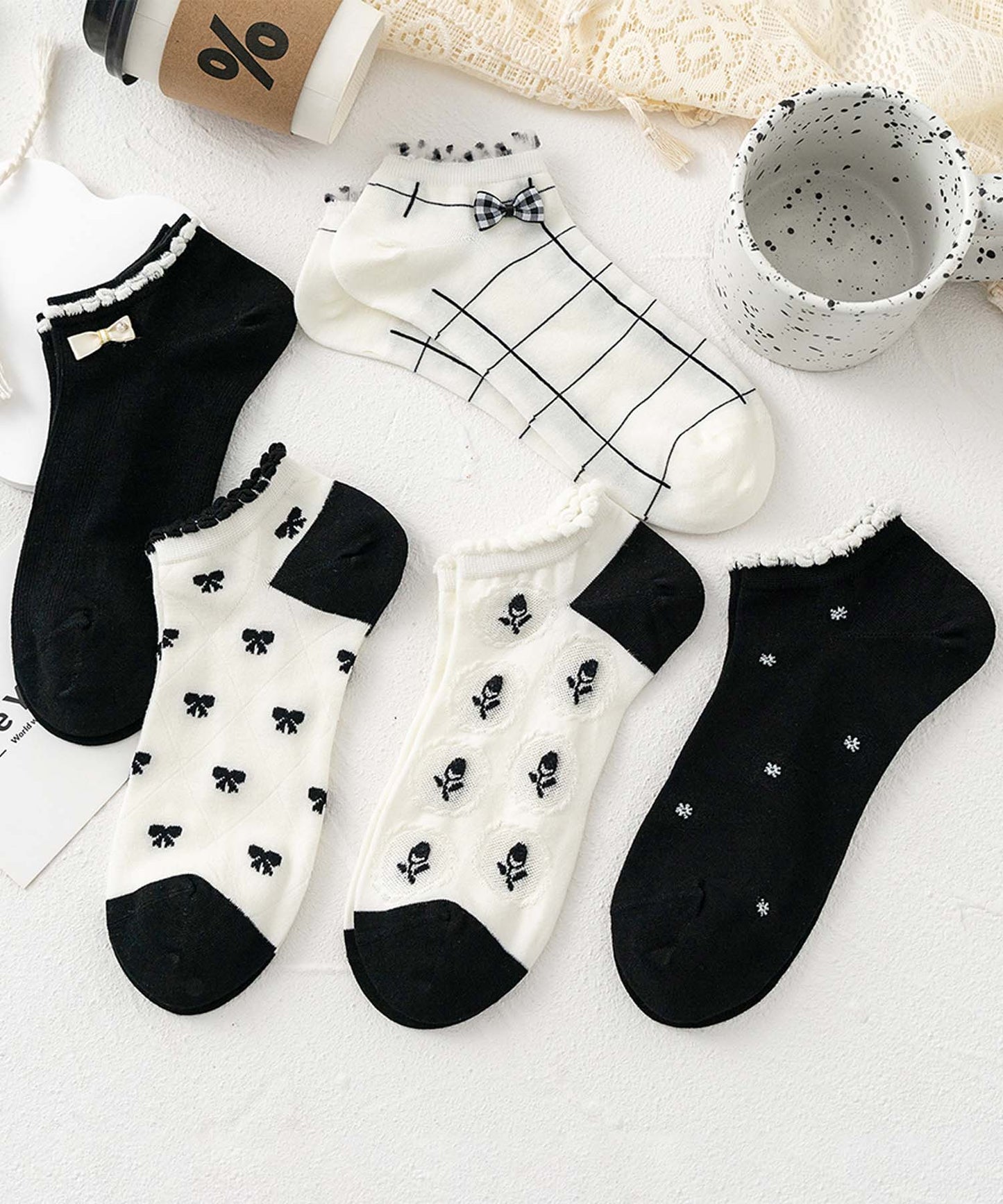 【MOSOX】ガーリーデザインレーヨン混アンクルソックス 5足セット (SS)