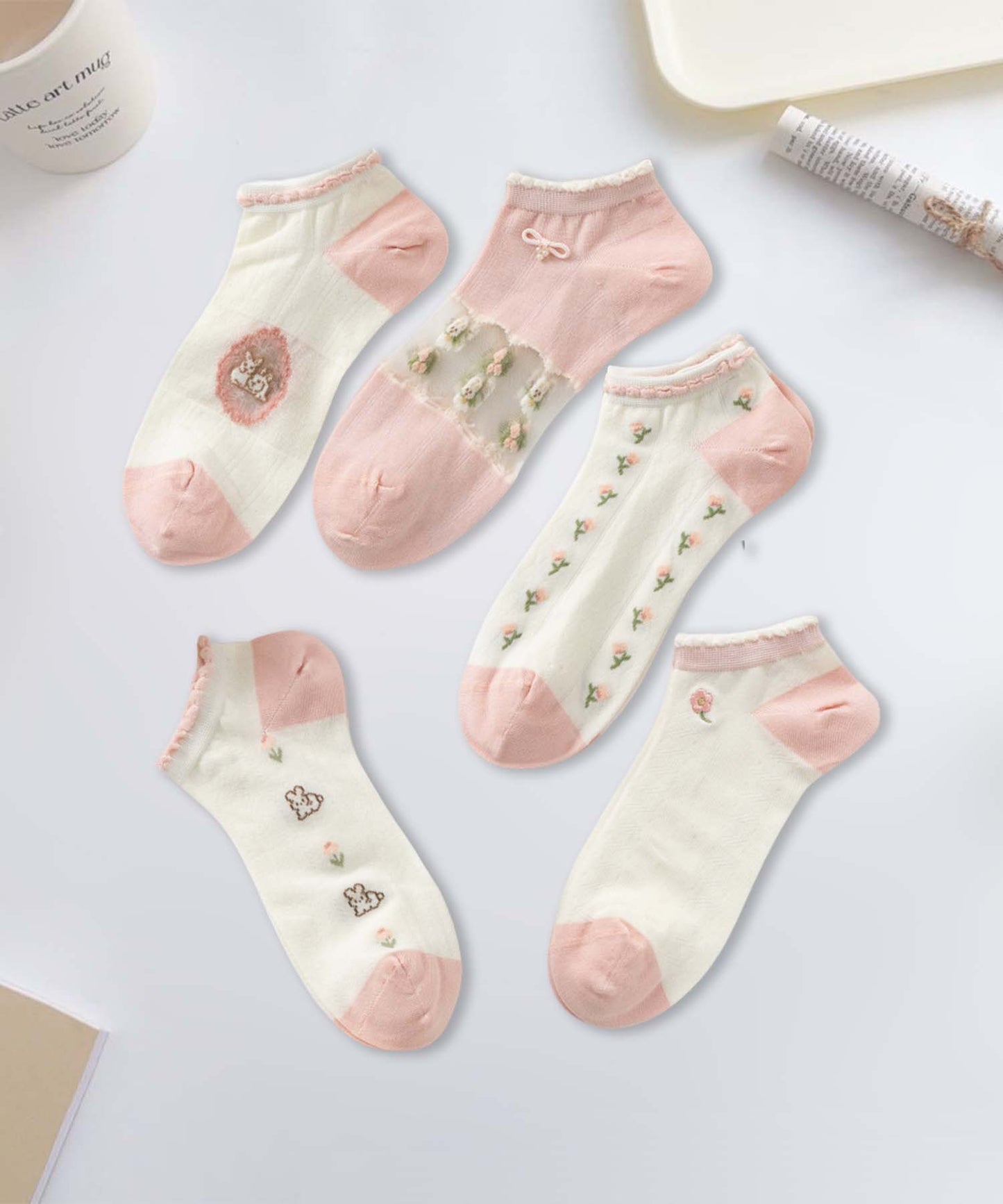 【MOSOX】ガーリーデザインレーヨン混アンクルソックス 5足セット (SS)