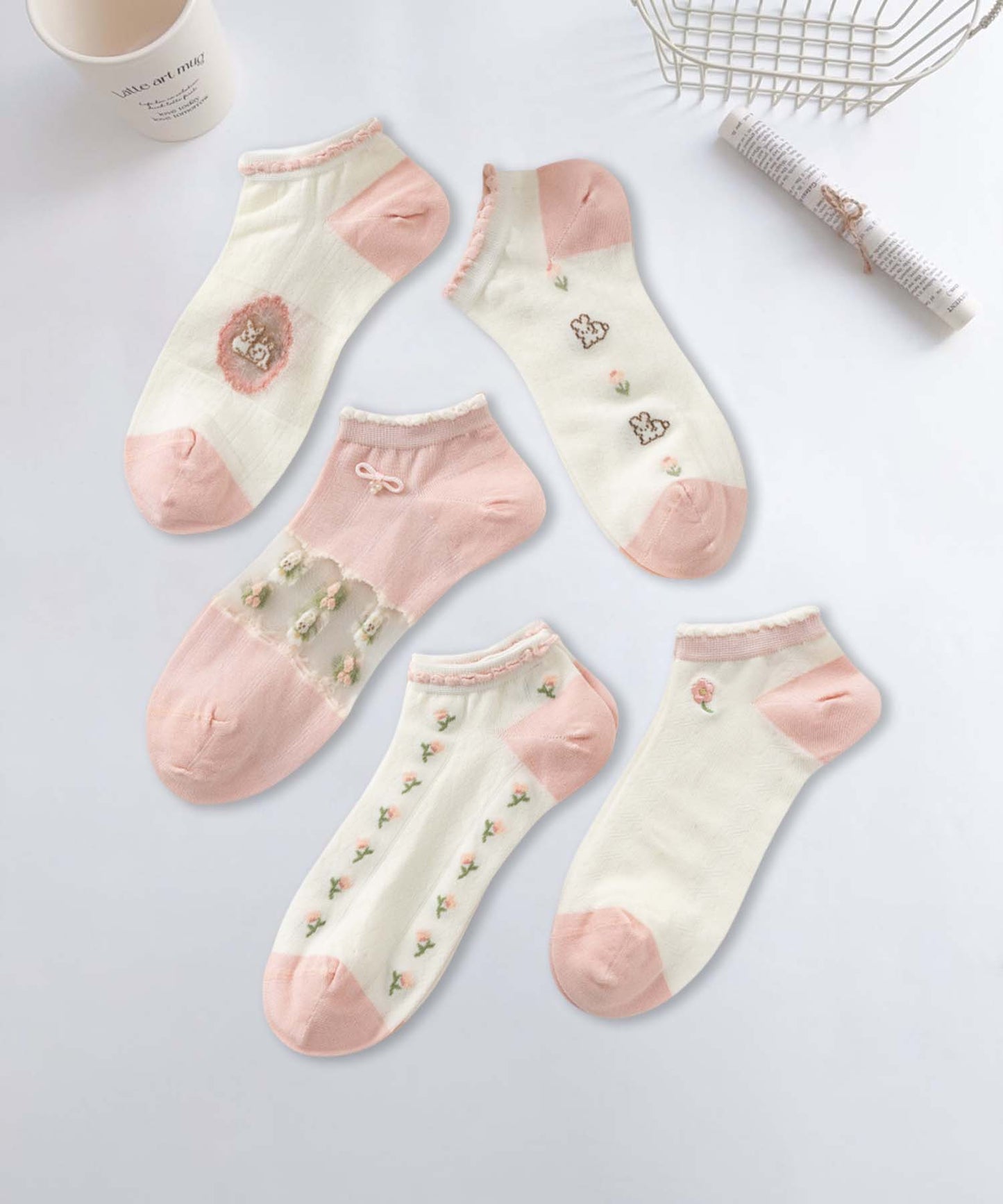 【MOSOX】ガーリーデザインレーヨン混アンクルソックス 5足セット (SS)
