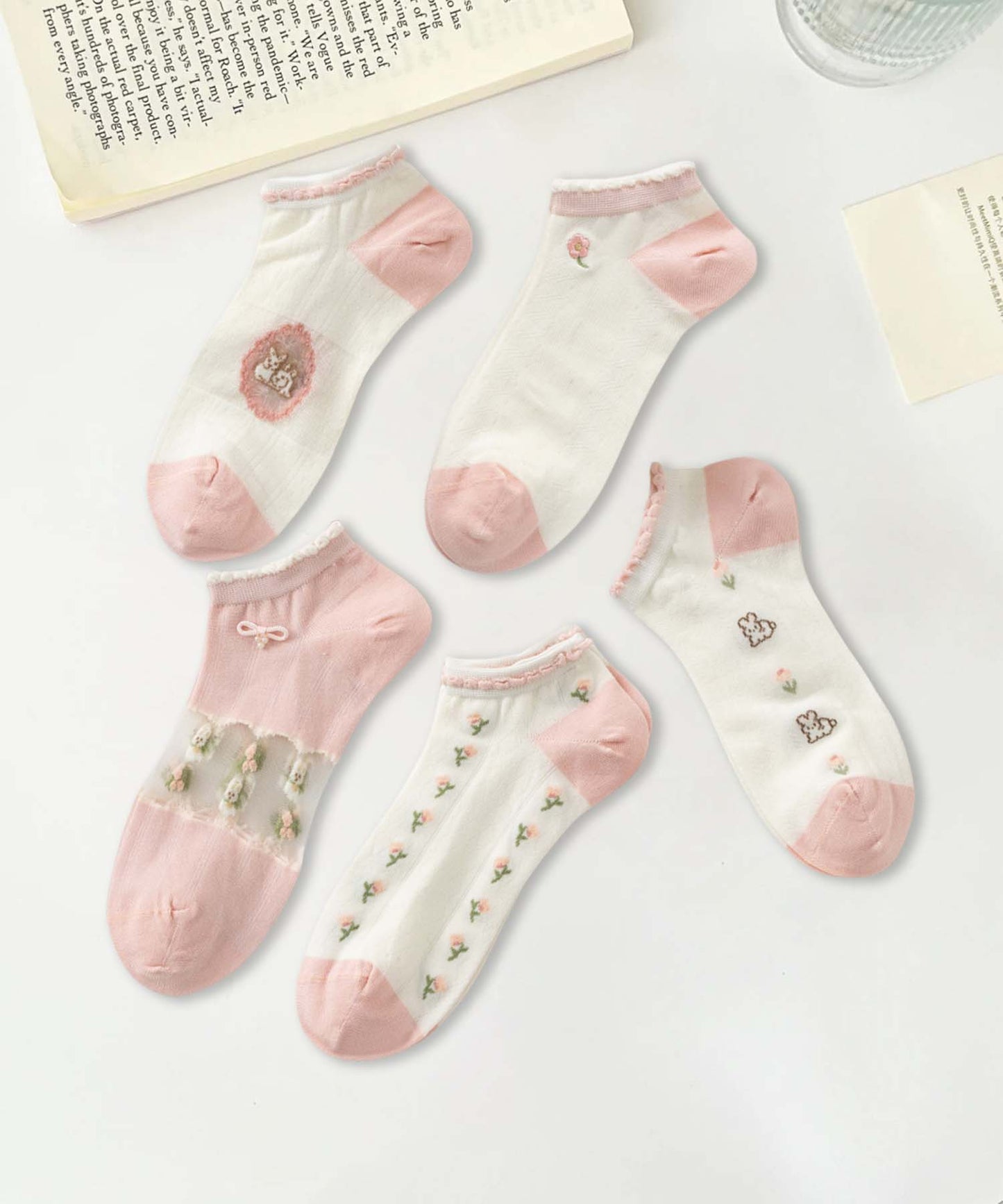 【MOSOX】ガーリーデザインレーヨン混アンクルソックス 5足セット (SS)