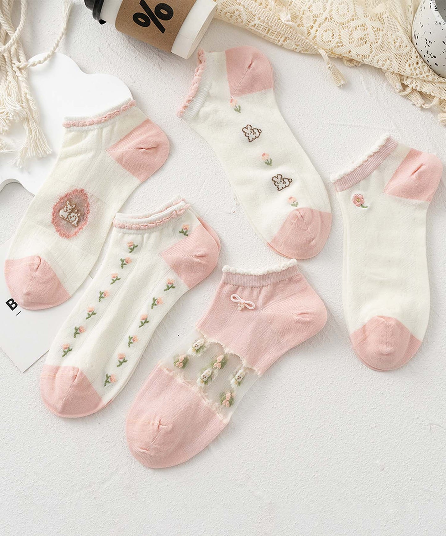 【MOSOX】ガーリーデザインレーヨン混アンクルソックス 5足セット (SS)