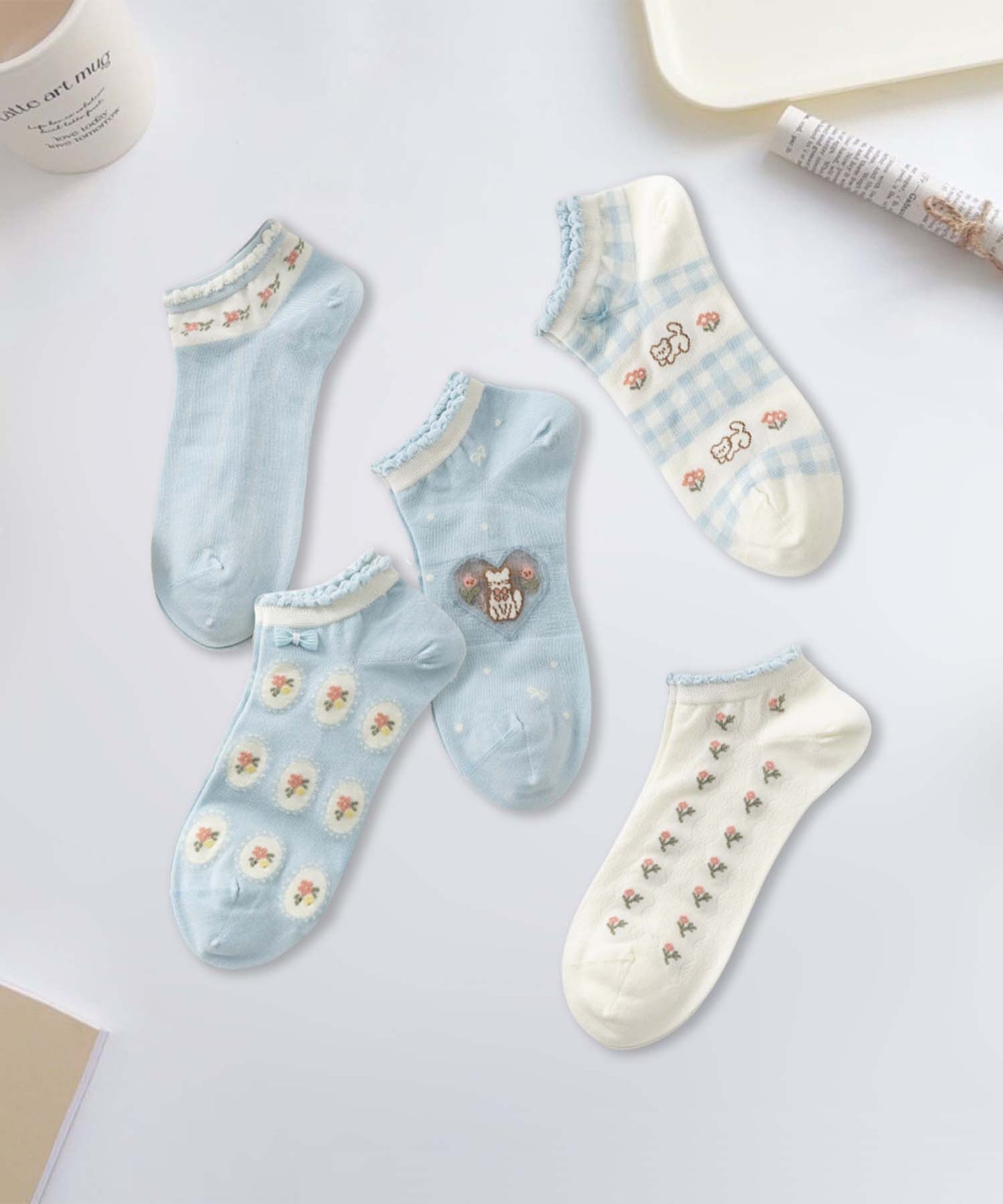 【MOSOX】ガーリーデザインレーヨン混アンクルソックス 5足セット (SS)