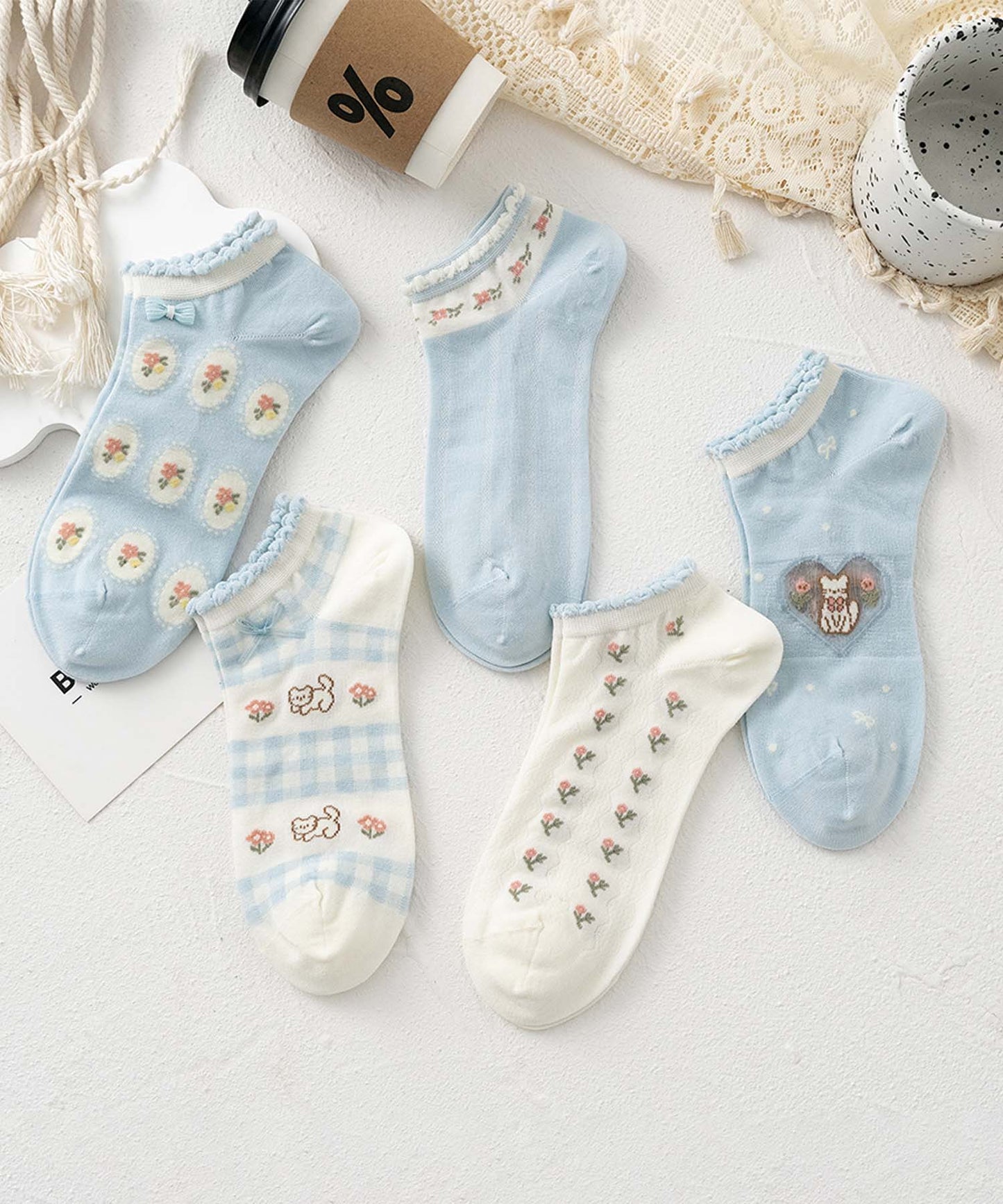 【MOSOX】ガーリーデザインレーヨン混アンクルソックス 5足セット (SS)
