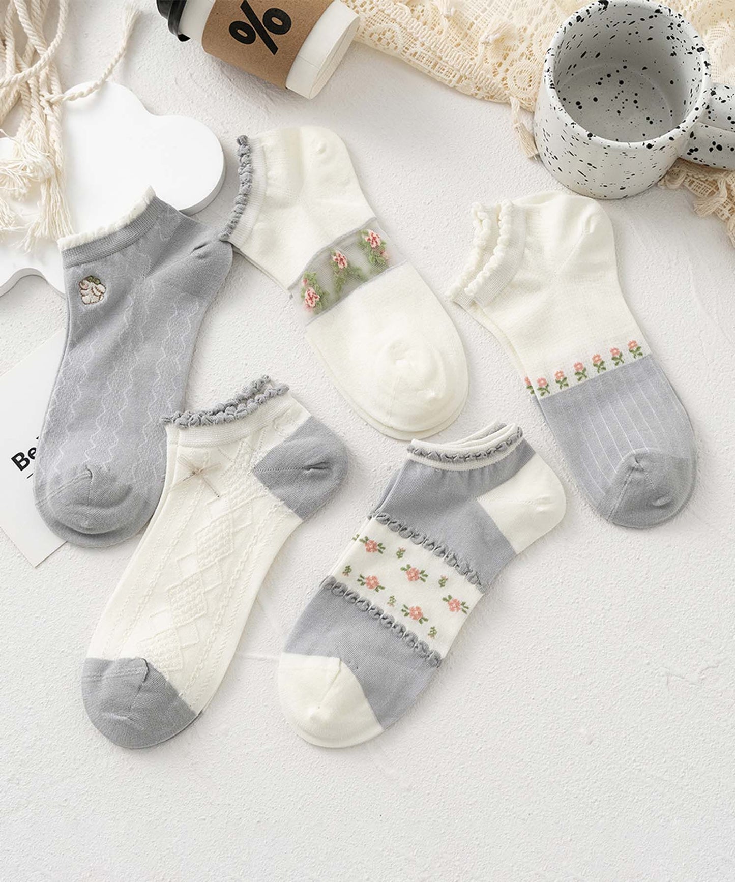 【MOSOX】ガーリーデザインレーヨン混アンクルソックス 5足セット (SS)