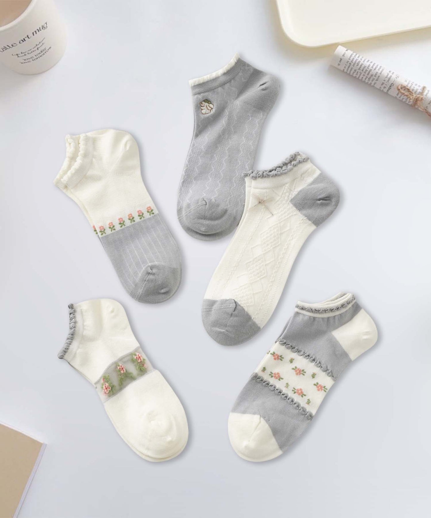 【MOSOX】ガーリーデザインレーヨン混アンクルソックス 5足セット (SS)