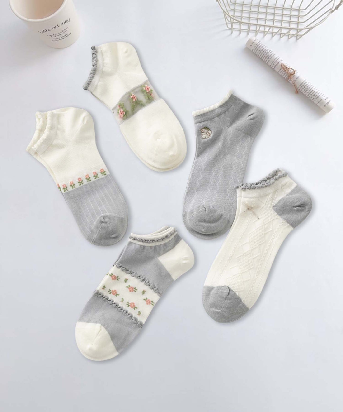 【MOSOX】ガーリーデザインレーヨン混アンクルソックス 5足セット (SS)
