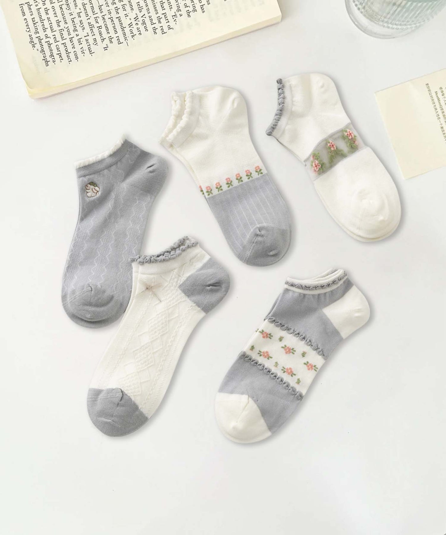 【MOSOX】ガーリーデザインレーヨン混アンクルソックス 5足セット (SS)