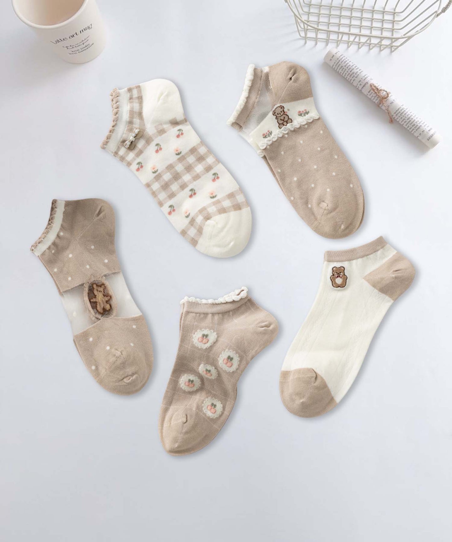 【MOSOX】ガーリーデザインレーヨン混アンクルソックス 5足セット (SS)
