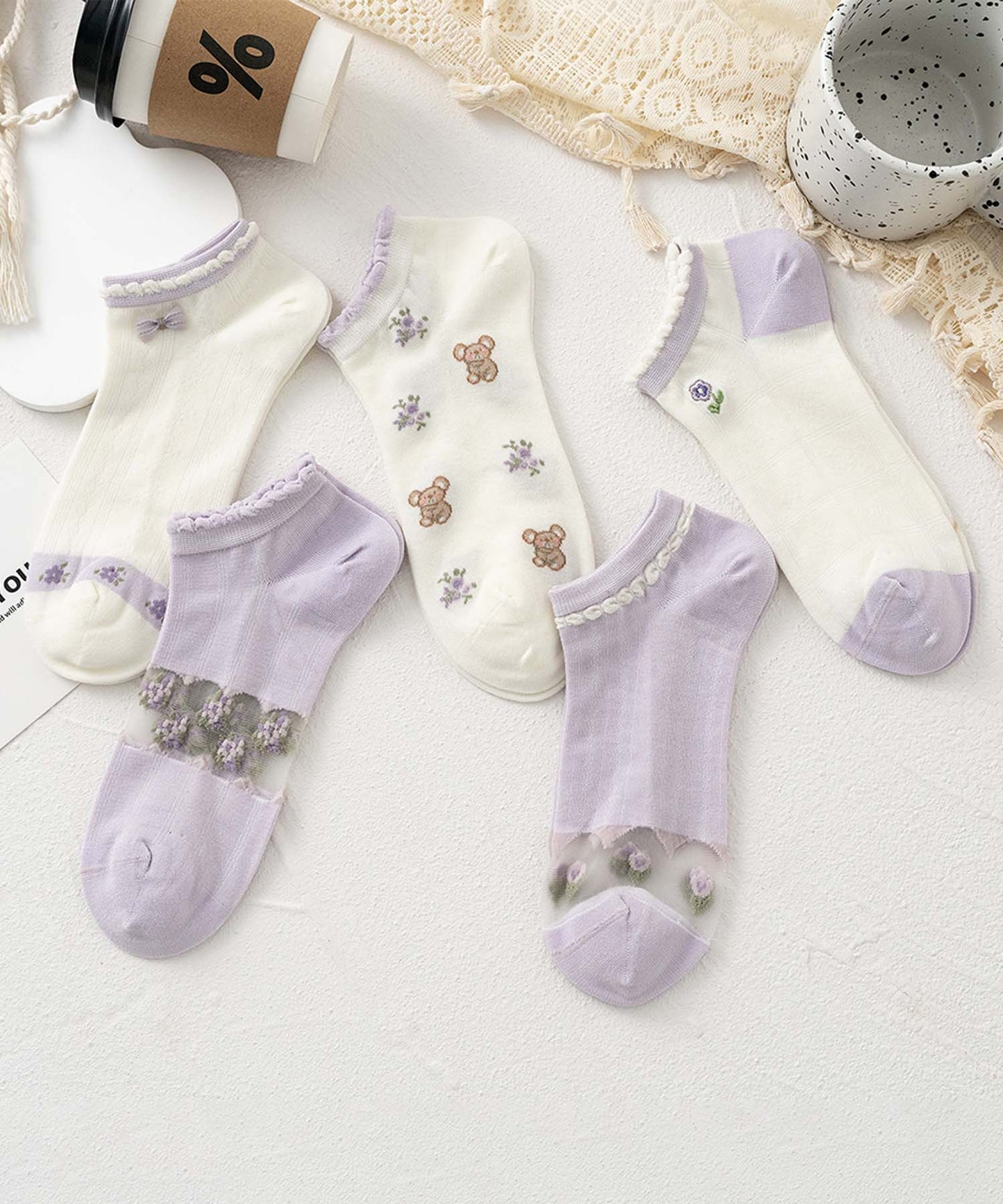 【MOSOX】ガーリーデザインレーヨン混アンクルソックス 5足セット (SS)