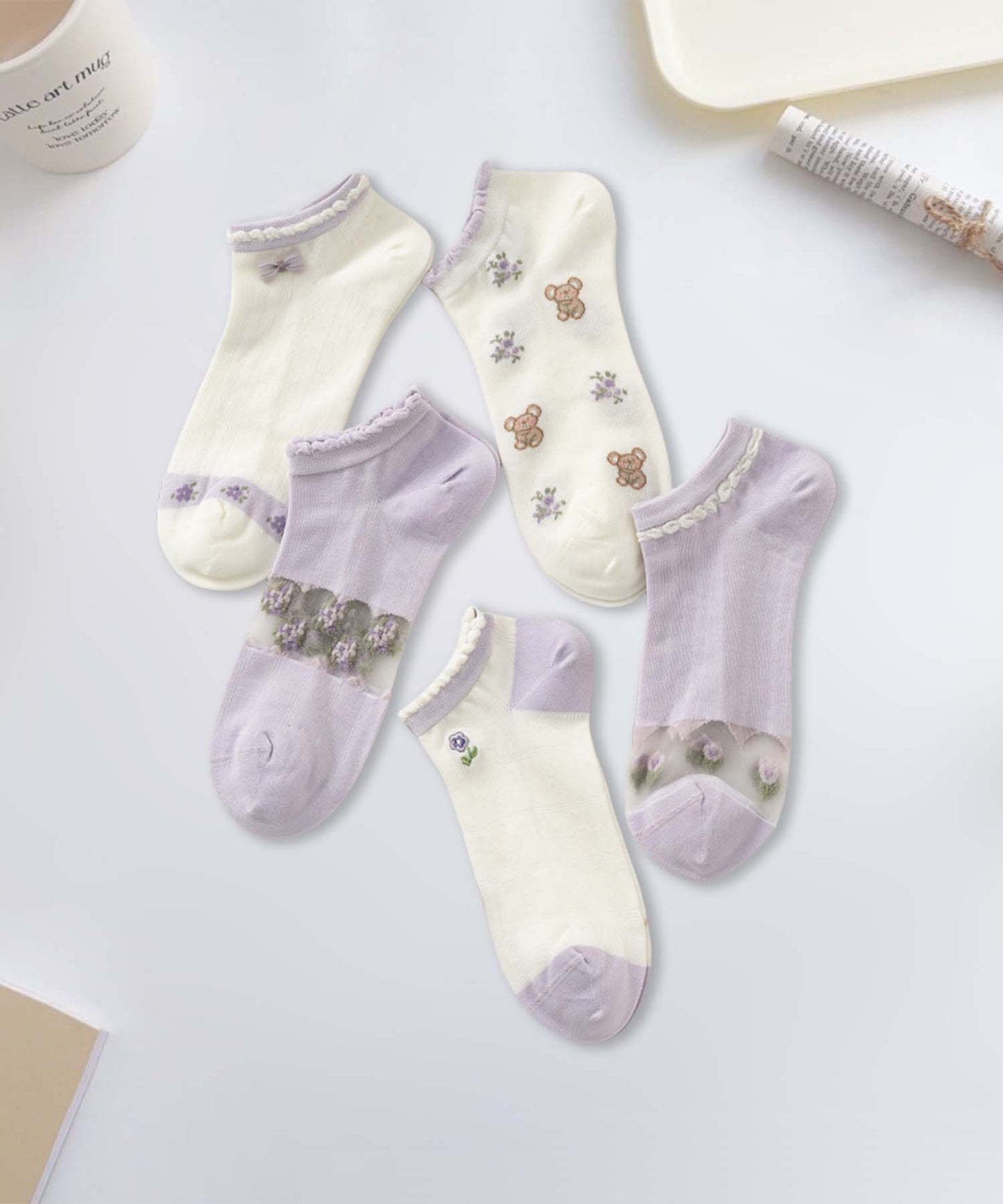 【MOSOX】ガーリーデザインレーヨン混アンクルソックス 5足セット (SS)