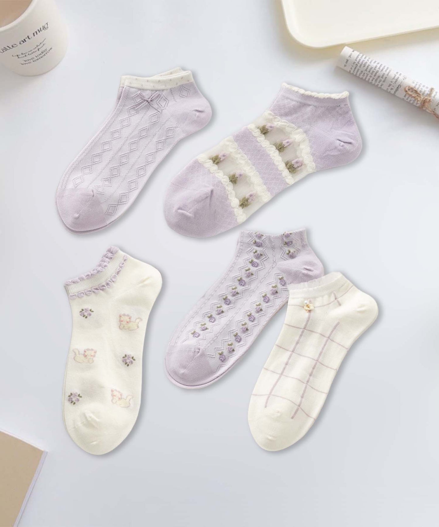 【MOSOX】ガーリーデザインレーヨン混アンクルソックス 5足セット (SS)