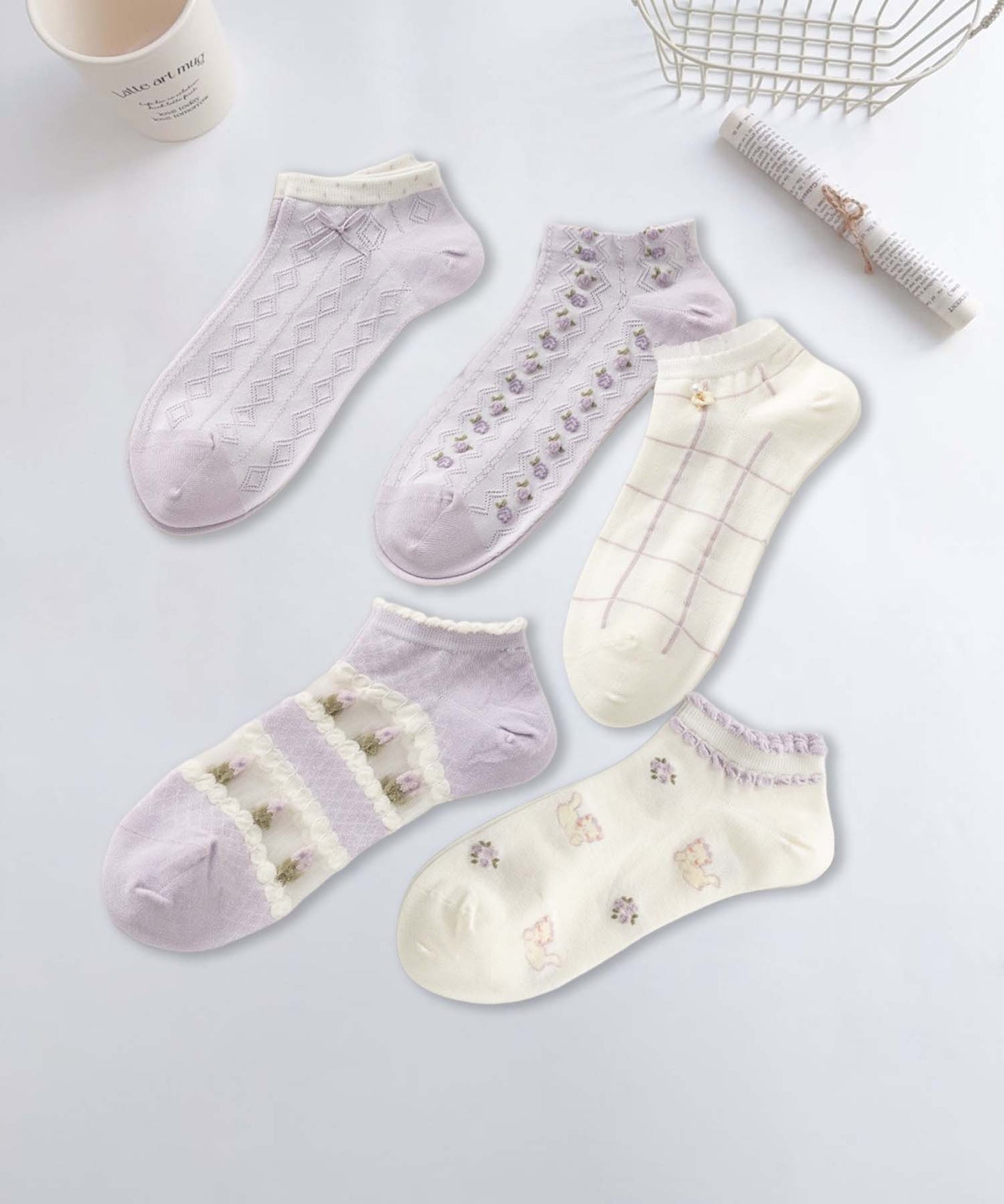 【MOSOX】ガーリーデザインレーヨン混アンクルソックス 5足セット (SS)