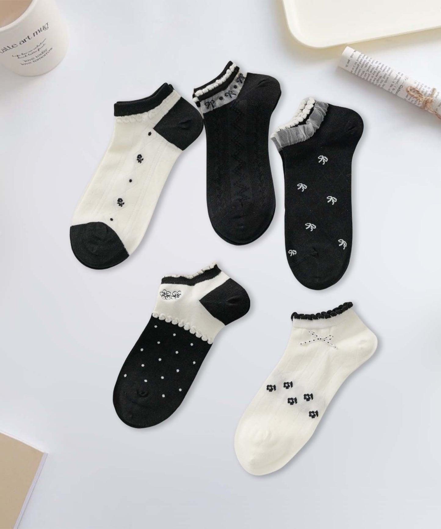 【MOSOX】ガーリーデザインレーヨン混アンクルソックス 5足セット (SS)