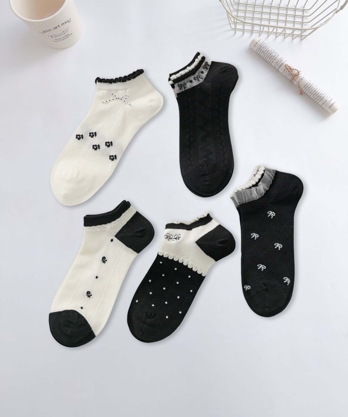 【MOSOX】ガーリーデザインレーヨン混アンクルソックス 5足セット (SS)