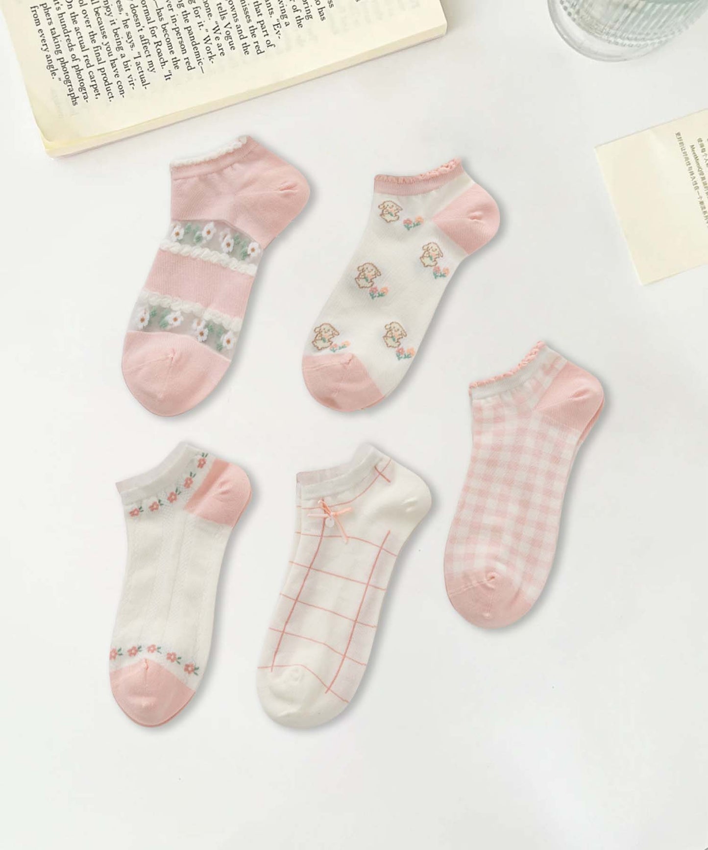 【MOSOX】ガーリーデザインレーヨン混アンクルソックス 5足セット (SS)