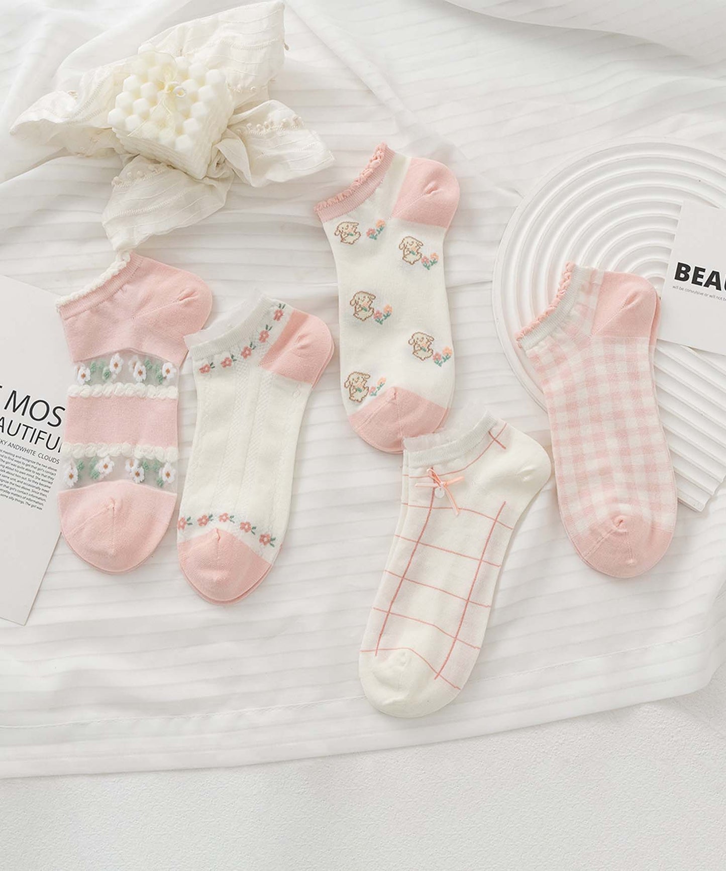 【MOSOX】ガーリーデザインレーヨン混アンクルソックス 5足セット (SS)