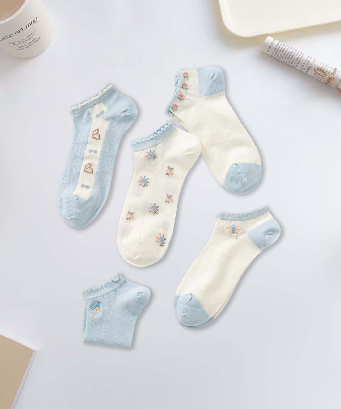 【MOSOX】ガーリーデザインレーヨン混アンクルソックス 5足セット (SS)