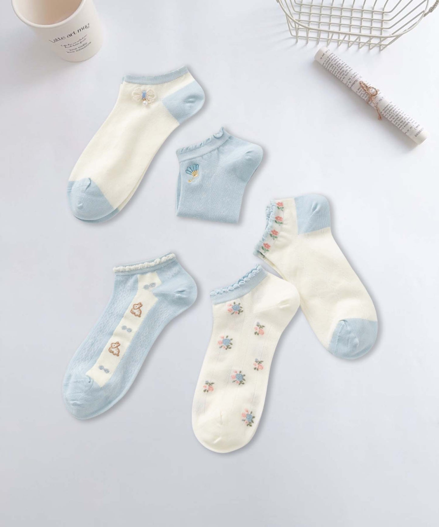 【MOSOX】ガーリーデザインレーヨン混アンクルソックス 5足セット (SS)