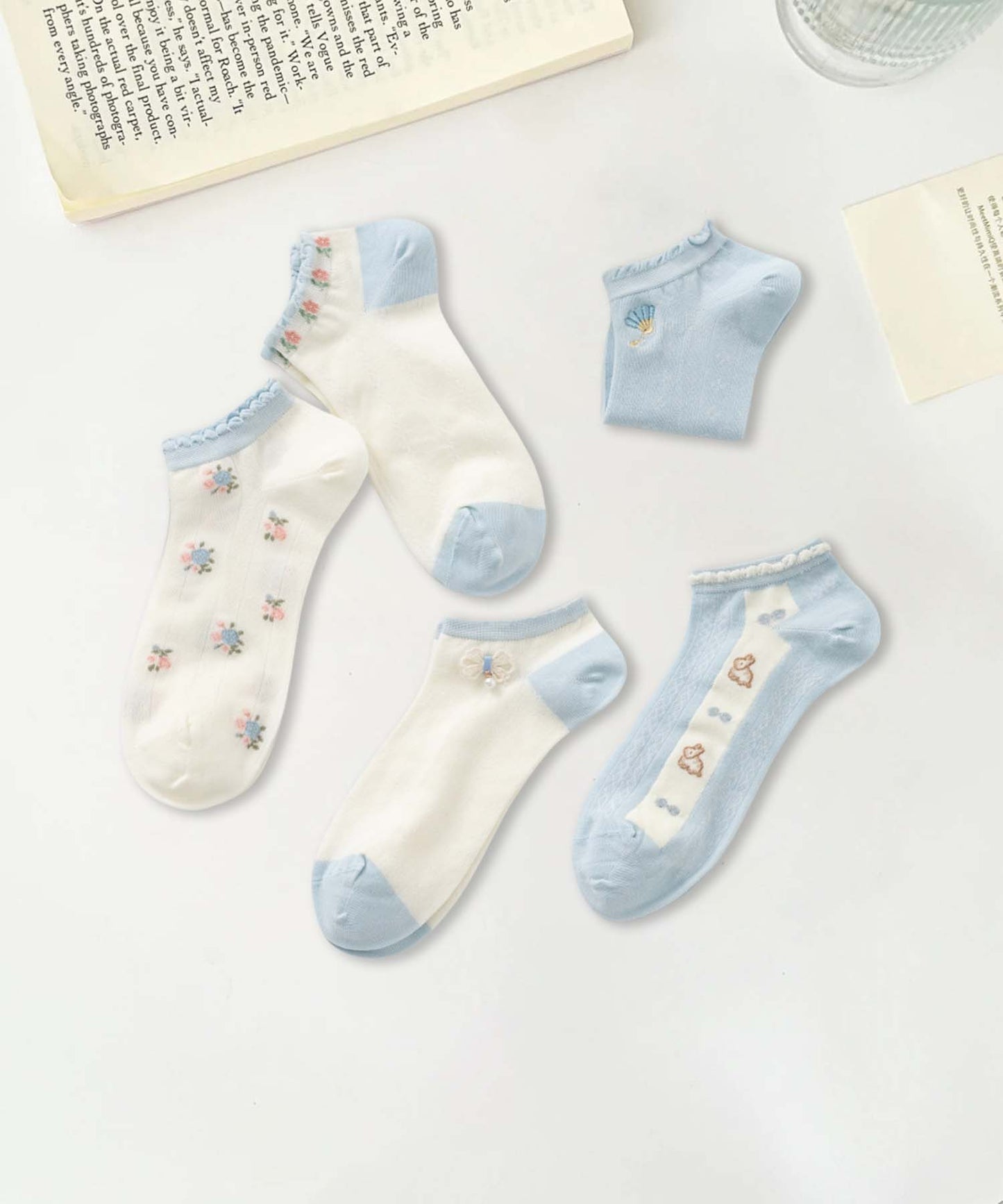 【MOSOX】ガーリーデザインレーヨン混アンクルソックス 5足セット (SS)