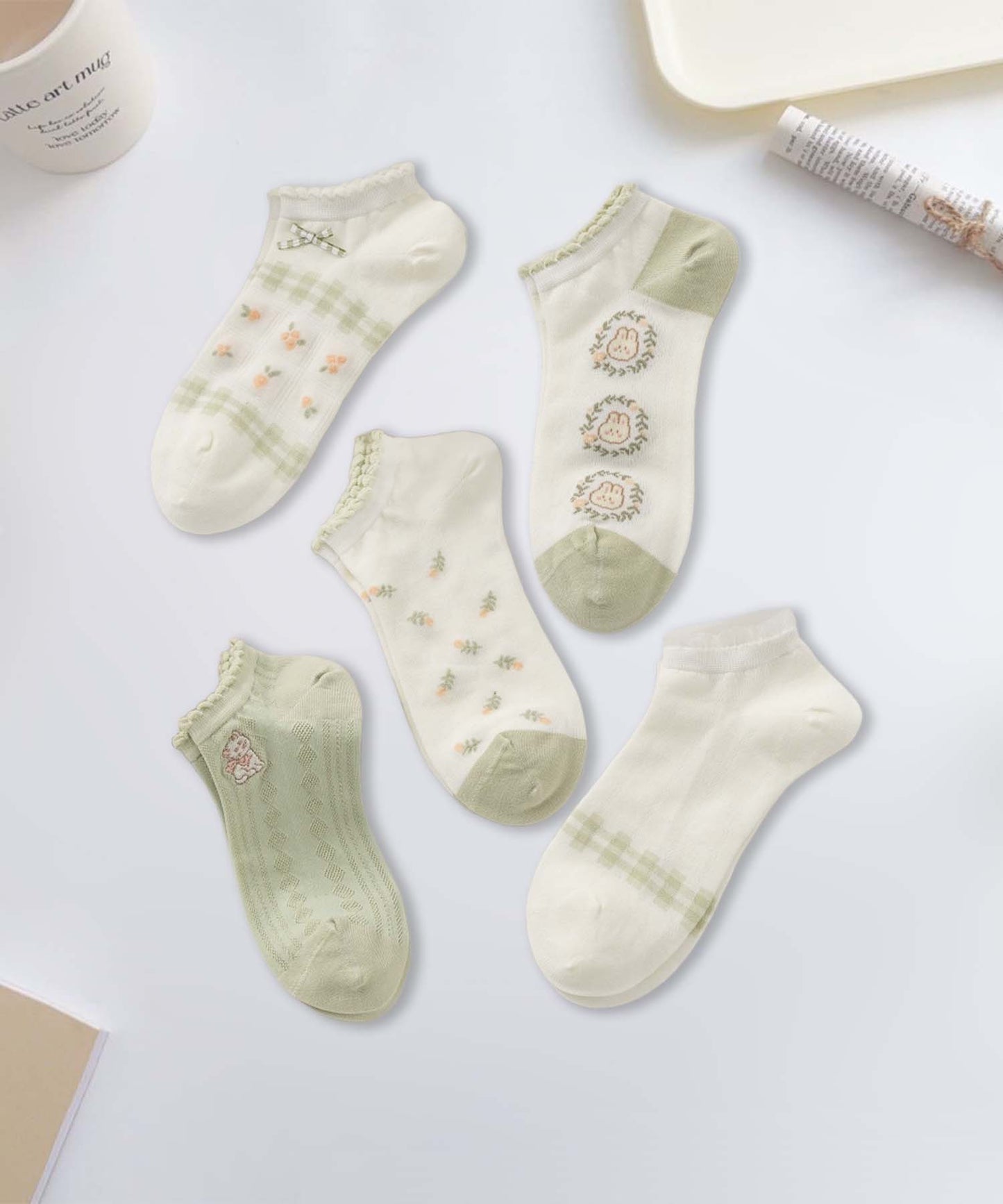 【MOSOX】ガーリーデザインレーヨン混アンクルソックス 5足セット (SS)