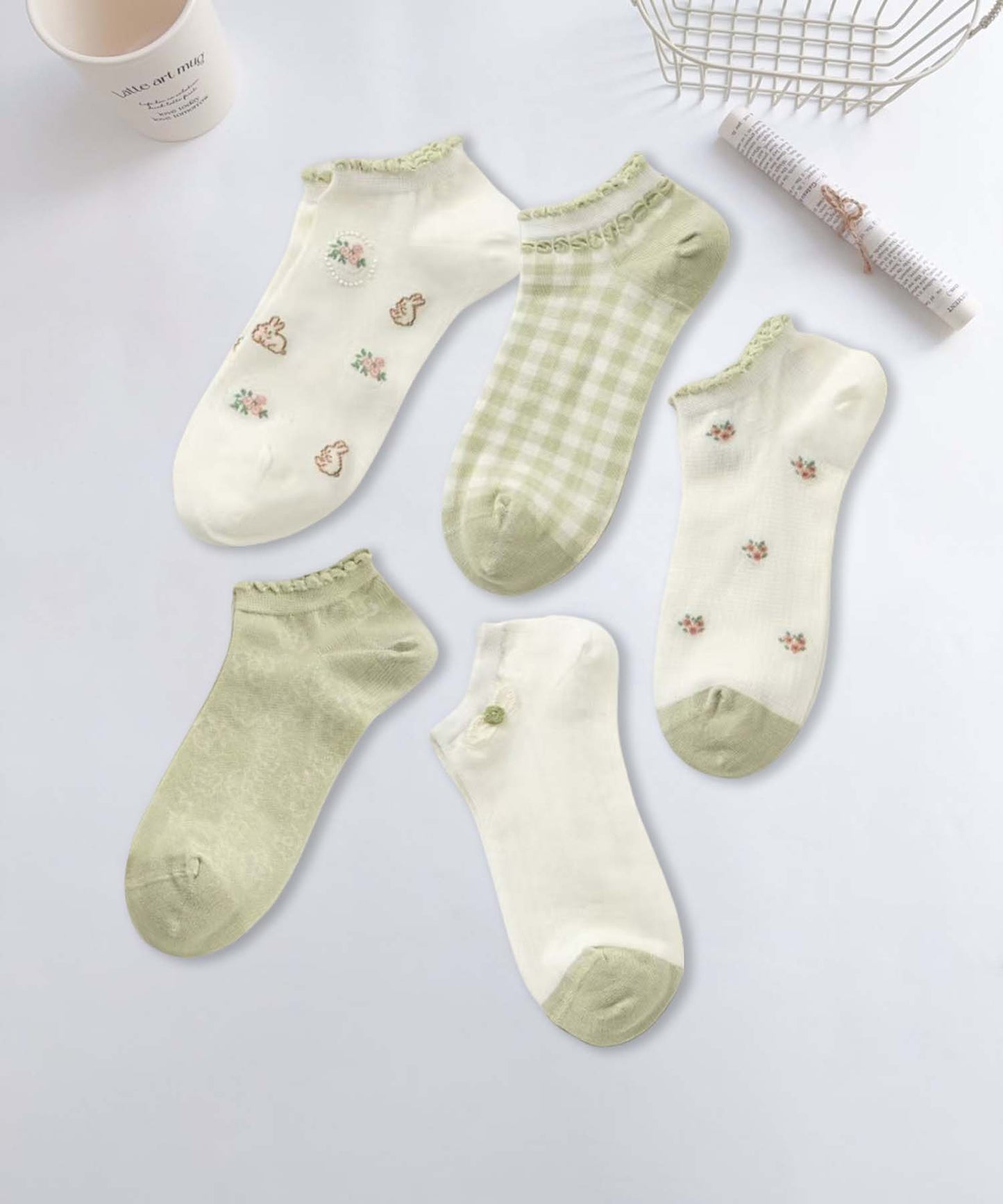 【MOSOX】ガーリーデザインレーヨン混アンクルソックス 5足セット (SS)