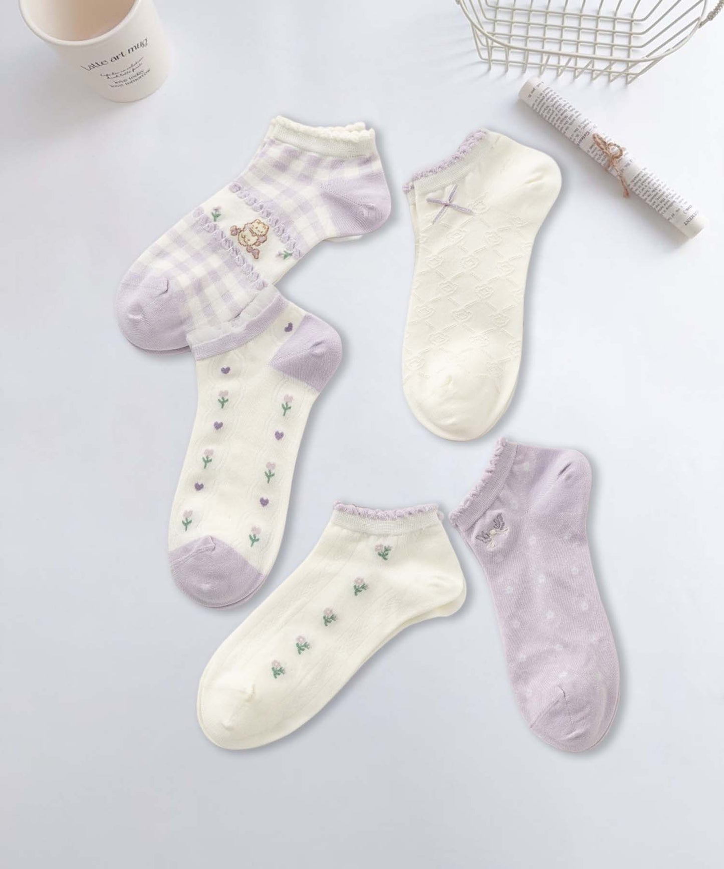 【MOSOX】ガーリーデザインレーヨン混アンクルソックス 5足セット (SS)
