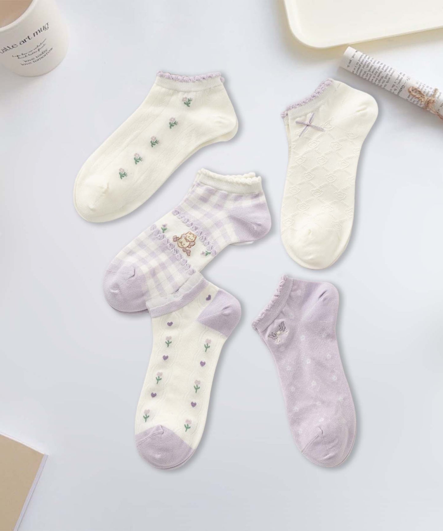 【MOSOX】ガーリーデザインレーヨン混アンクルソックス 5足セット (SS)